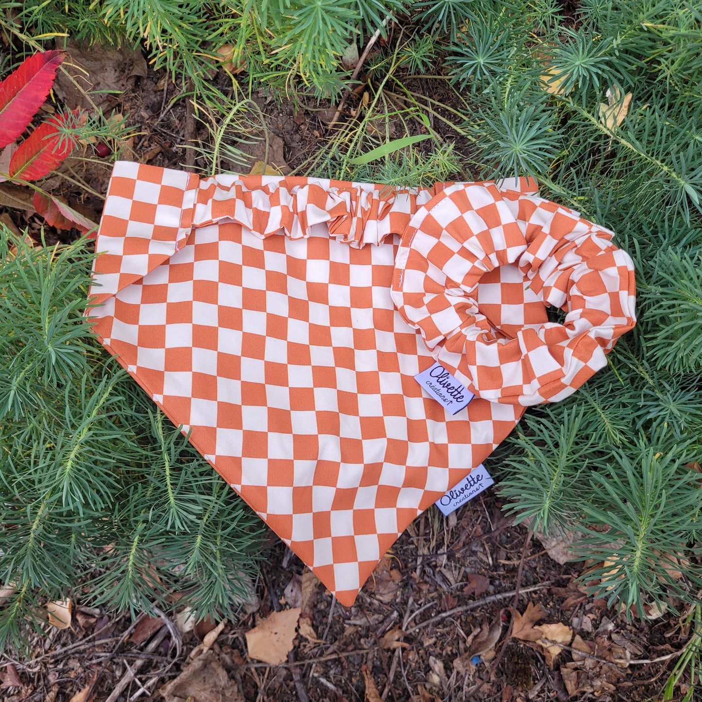 Bandana élastique - motif à damier marron et blanc